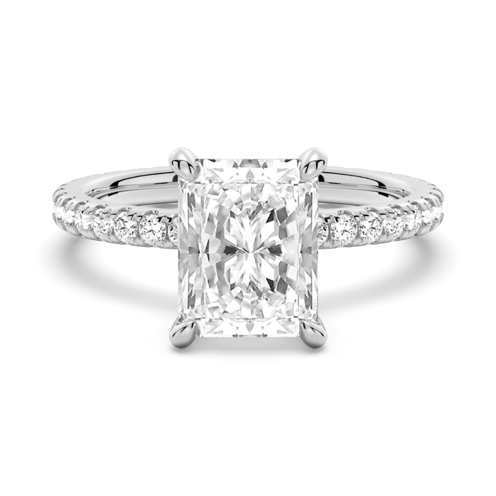 Radiant Cut Moissanite Engagement Ring With Eternity Pave Shank